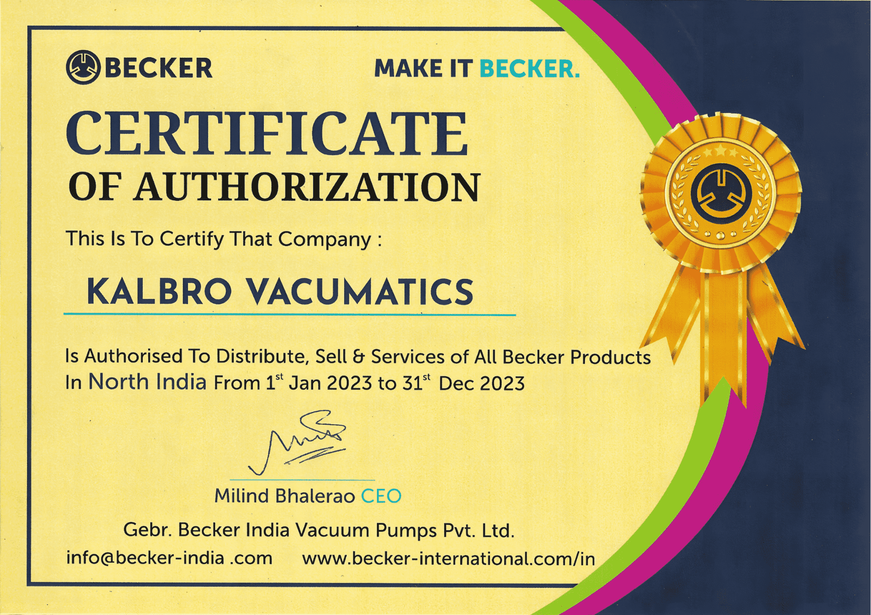 Kalbro Vacumatics certificate by Becker